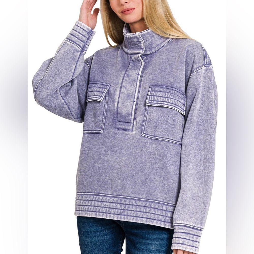 Acid Wash Half Snap Fleece Sweatshirt
